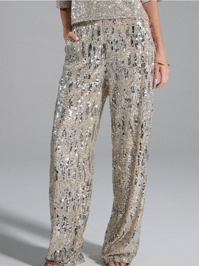 Sinsay - Wide leg nohavice s flitrami - strieborná
