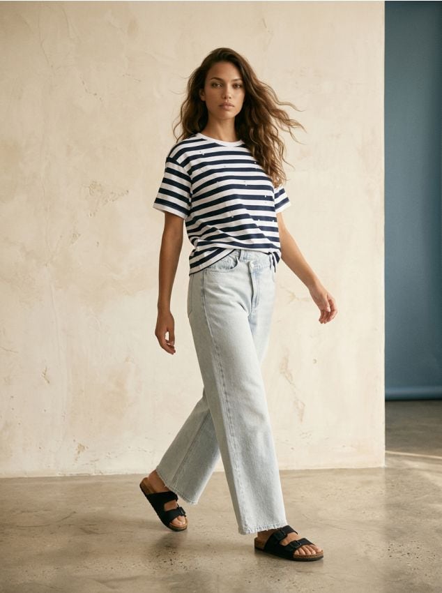 Sinsay - Tricou din bumbac cu dungi și cristale decorative - bleumarin