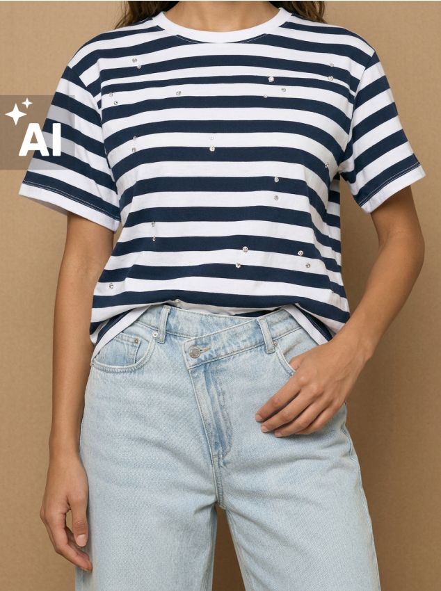 Sinsay - Tricou din bumbac cu dungi și cristale decorative - bleumarin