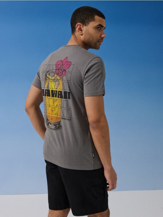 Sinsay - Tricou din bumbac cu inscripție Hawai - gri-neutru