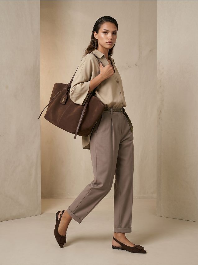Pantaloni modello carrot in viscosa con misto lino con cintura intrecciata - beige