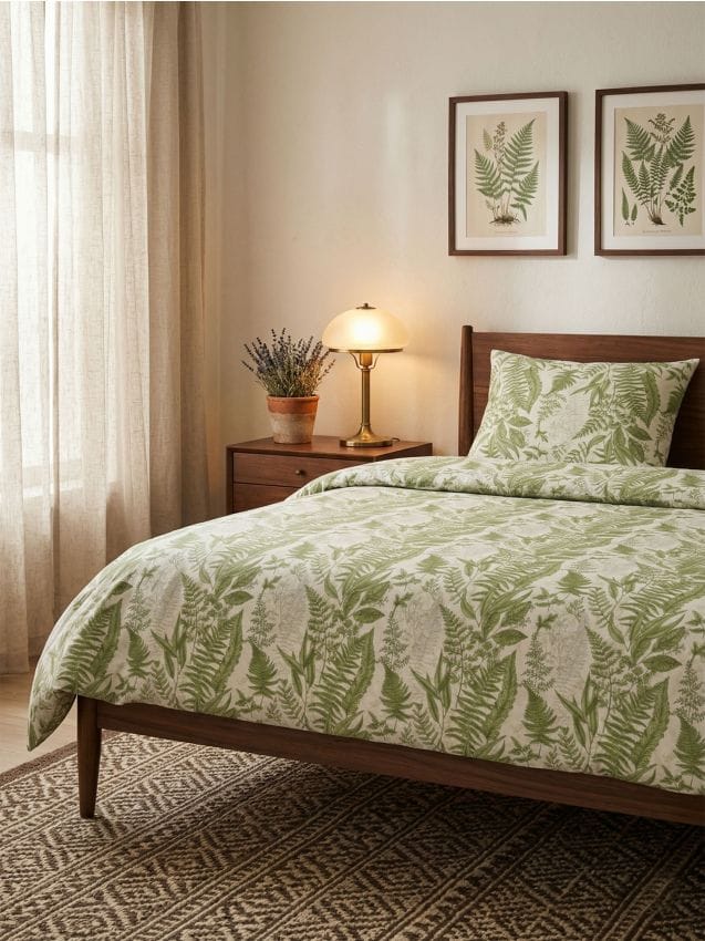 Sinsay - Set de lenjerie de pat cu bumbac cu motiv vegetal - verde-prăfuit