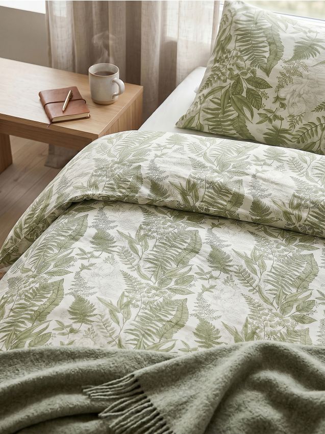 Set biancheria da letto con cotone con motivo vegetale - verde polveroso