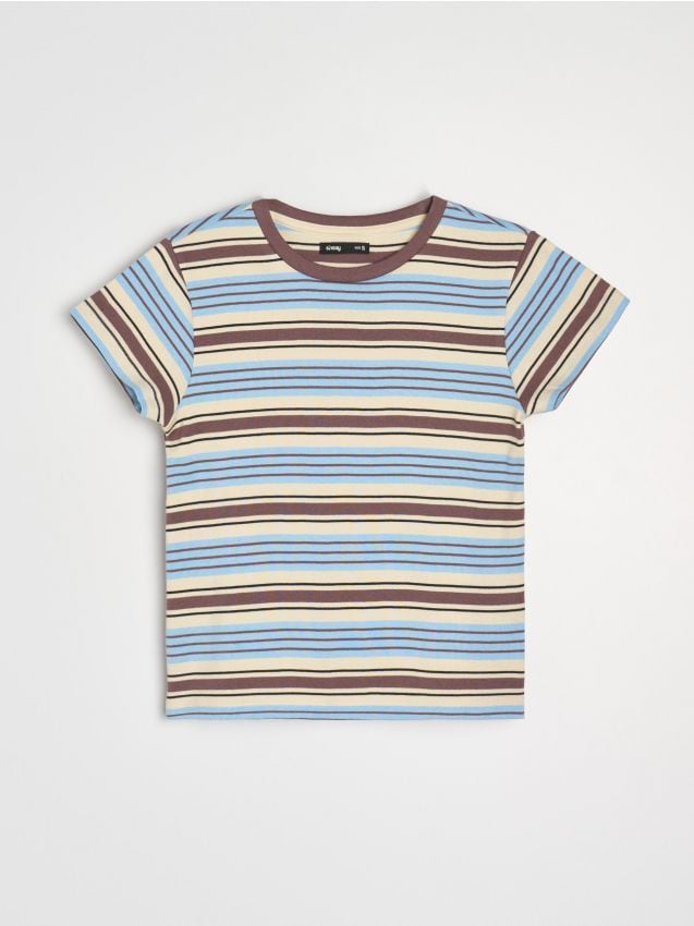 Sinsay - Bawełniana koszulka w paski - brązowy