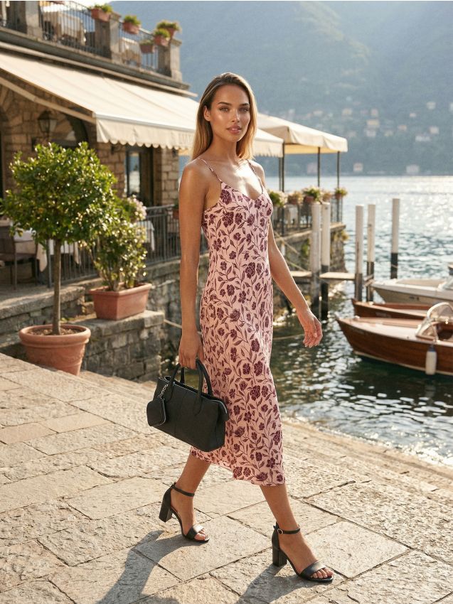 Sinsay - Rochie midi cu bretele cu imprimeu floral - bordo