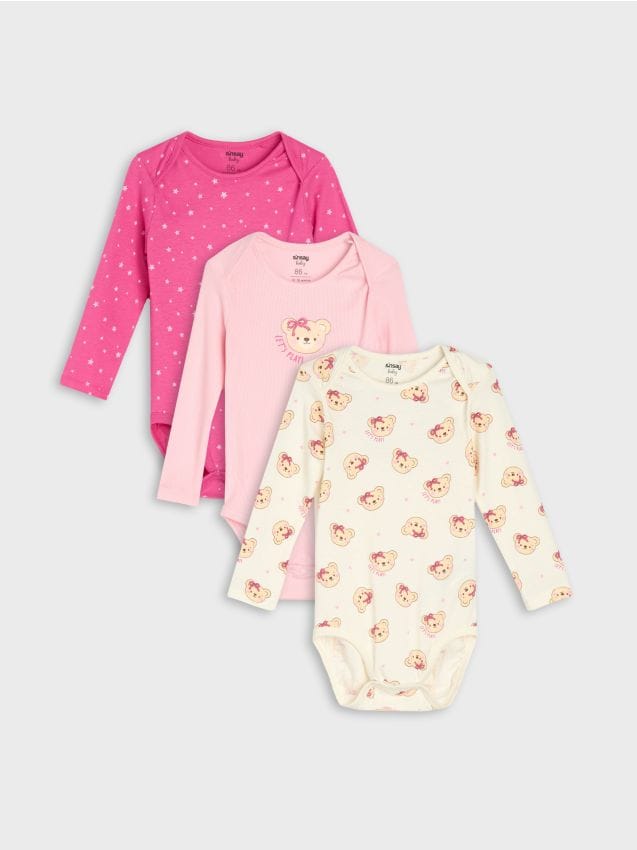 Sinsay - Body din bumbac cu model ursuleți 3 pack - roz-pastel