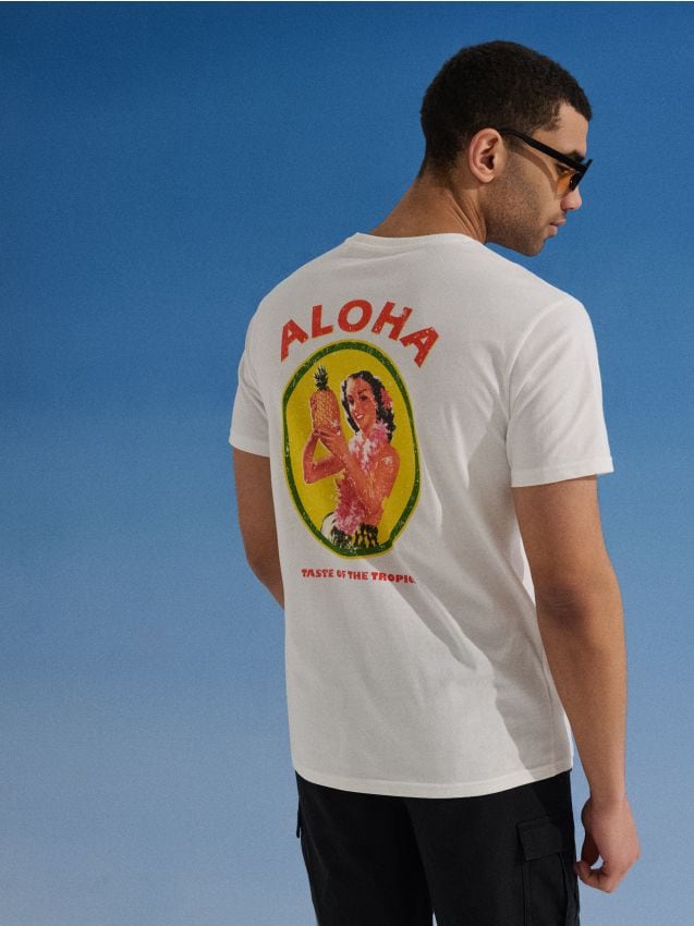 Sinsay - Tricou din bumbac cu inscripție Aloha - crem