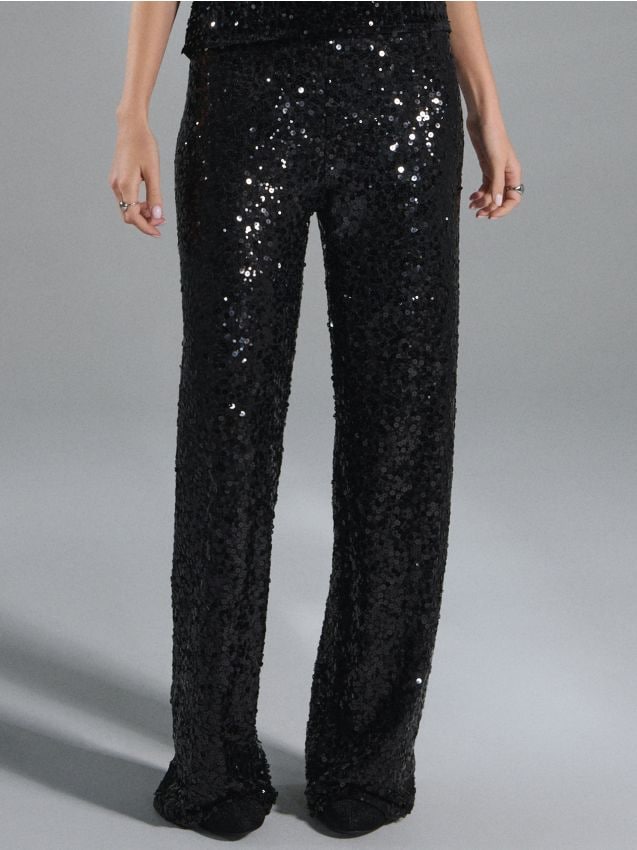Sinsay - Spodnie wide leg z błyszczącymi cekinami - czarny