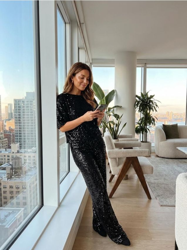 Sinsay - Spodnie wide leg z błyszczącymi cekinami - czarny