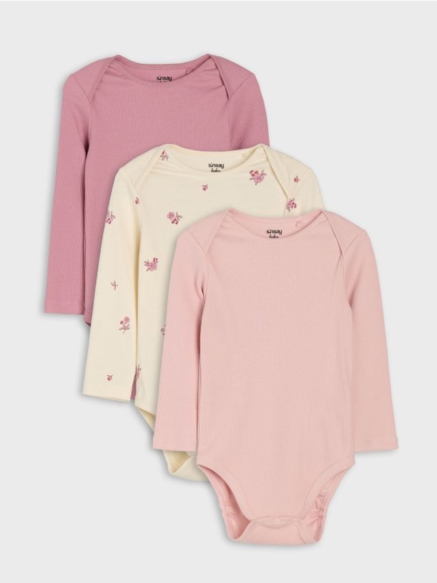 Sinsay - Body-uri din bumbac cu mânecă lungă și motiv floral 3 pack - crem