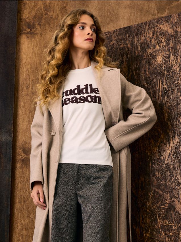 Sinsay - Tricou cu inscripție și amestec de bumbac - crem