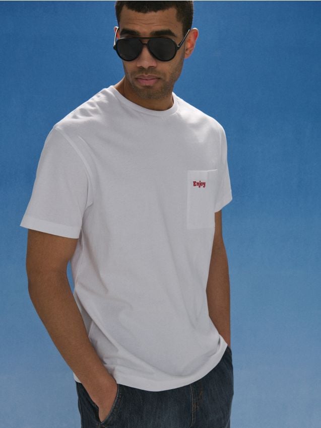 Sinsay - Tricou din bumbac cu text brodat Enjoy - alb