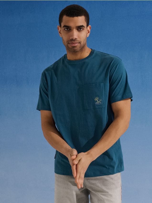 Sinsay - Tricou din bumbac cu broderie de vacanță - albastru metalizat