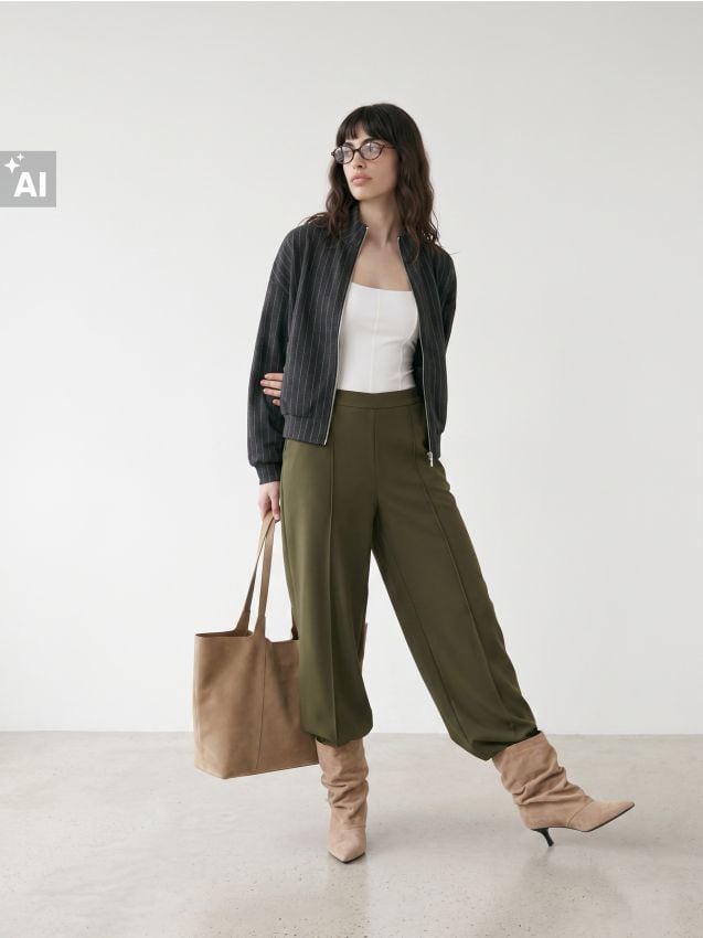 Sinsay - Pantaloni wide leg cu amestec de viscoză - verde-închis