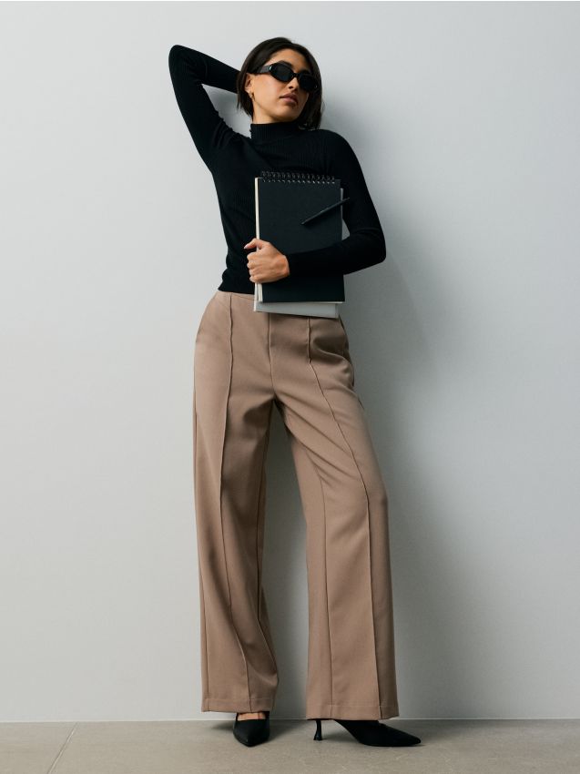 Sinsay - Pantaloni wide leg cu amestec de viscoză - bej