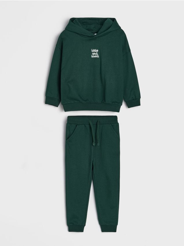 Sinsay - Set din bumbac: hanorac cu glugă și pantaloni jogger - verde-închis