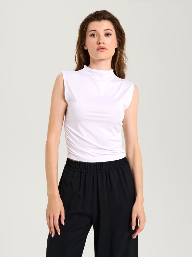 Sinsay - Bluză cu guler înalt și drapaje laterale - alb