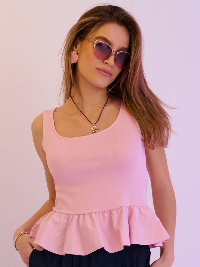 Sinsay - Bawełniany top z ozdobnymi falbanami - różowy