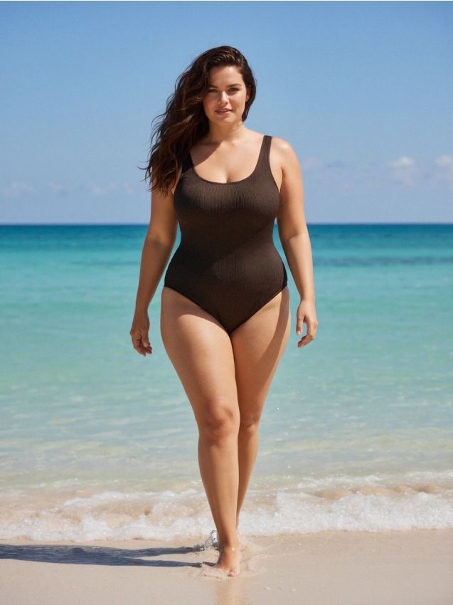 Sinsay - Costum de baie întreg cu textură în dungi - maro-închis