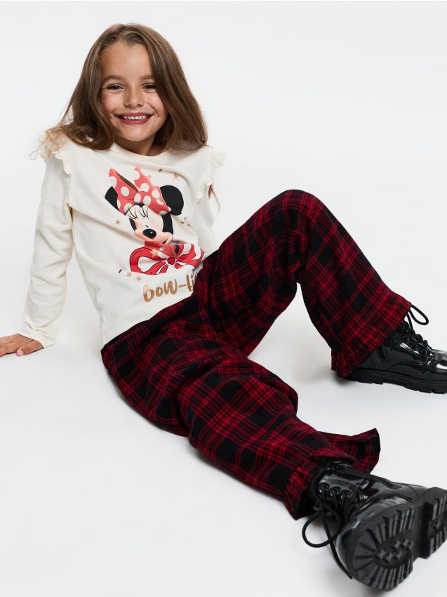 Sinsay - Pantaloni în carouri cu volan și broderie Minnie Mouse - roșu