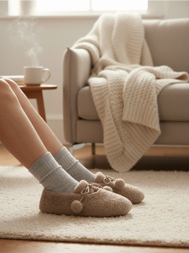Pantofole con pompon decorativi - beige
