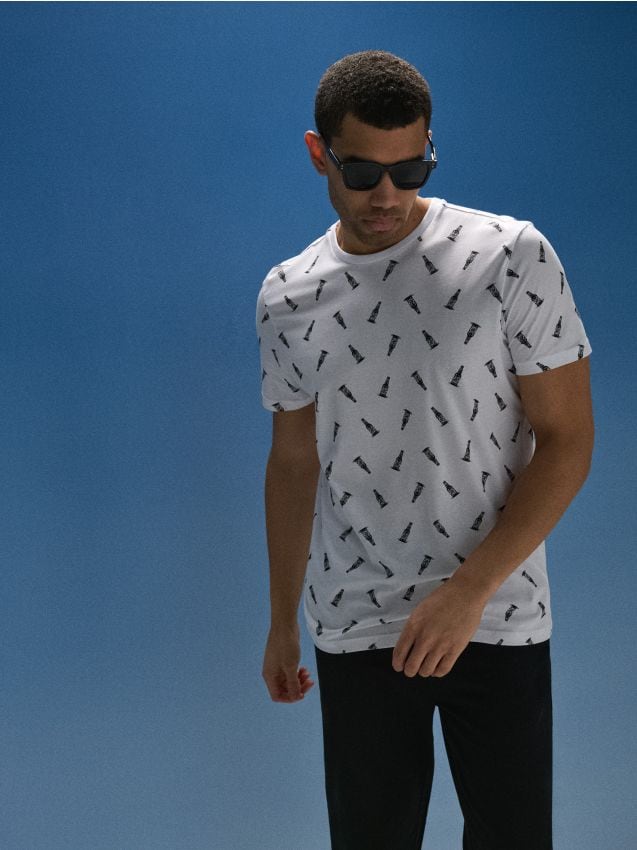 Sinsay - Tricou din bumbac cu mânecă scurtă și model cu sticle - alb