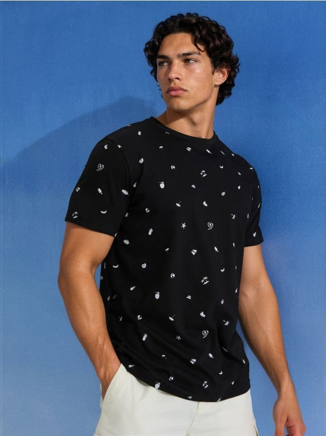 Sinsay - Tricou din bumbac cu imprimeu de vacanță - negru