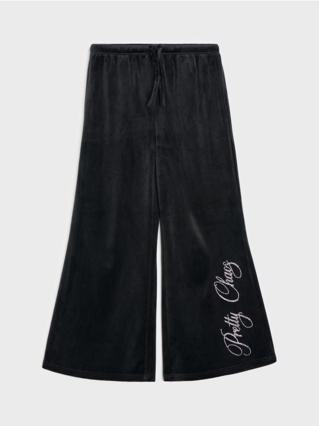 Sinsay - Pantaloni wide leg din velur cu inscripție decorativă din strasuri - negru