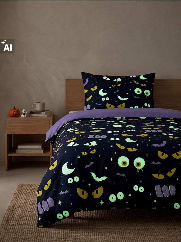 Sinsay - Set de lenjerie de pat de Halloween cu imprimeu fosforescent - negru