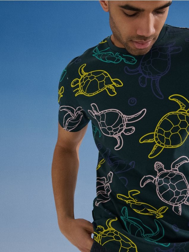 Sinsay - Tricou din bumbac cu motiv de broaște țestoase - verde-închis