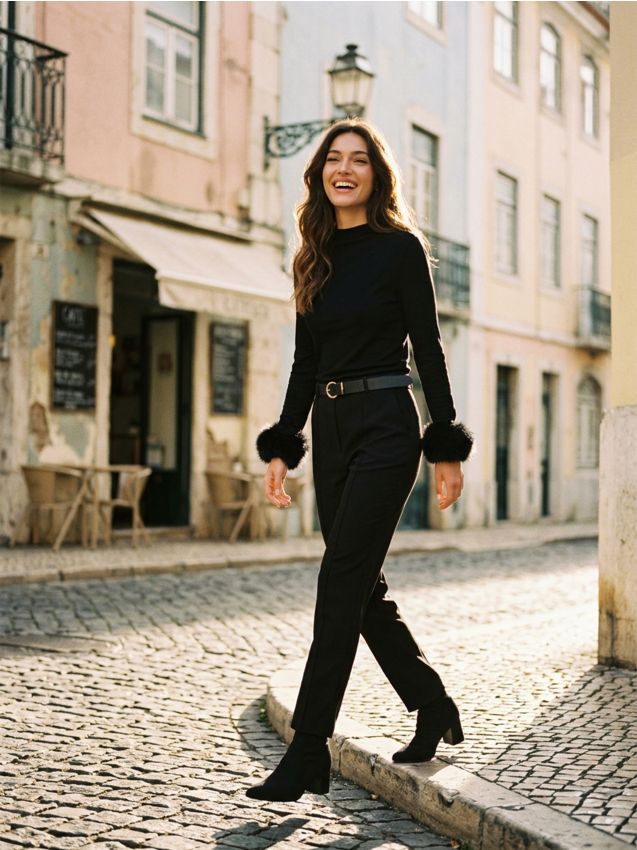 Sinsay - Eleganckie spodnie straight fit z paskiem - czarny