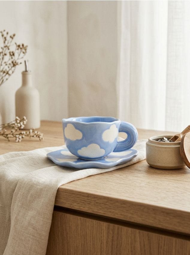 Sinsay - Ceașcă și farfurioară din ceramică cu motiv de nori - light blue