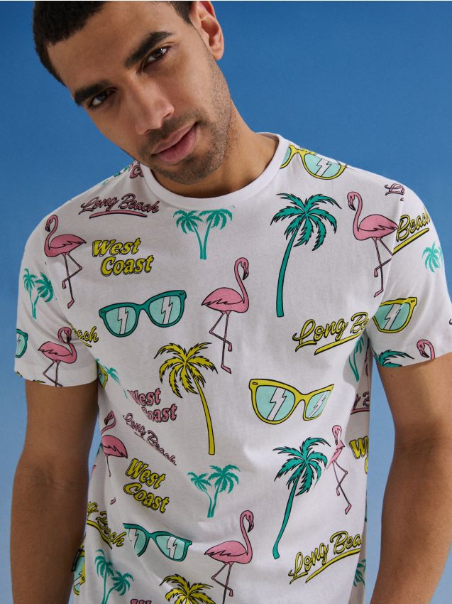 T-shirt in cotone con fantasia e maniche corte - bianco