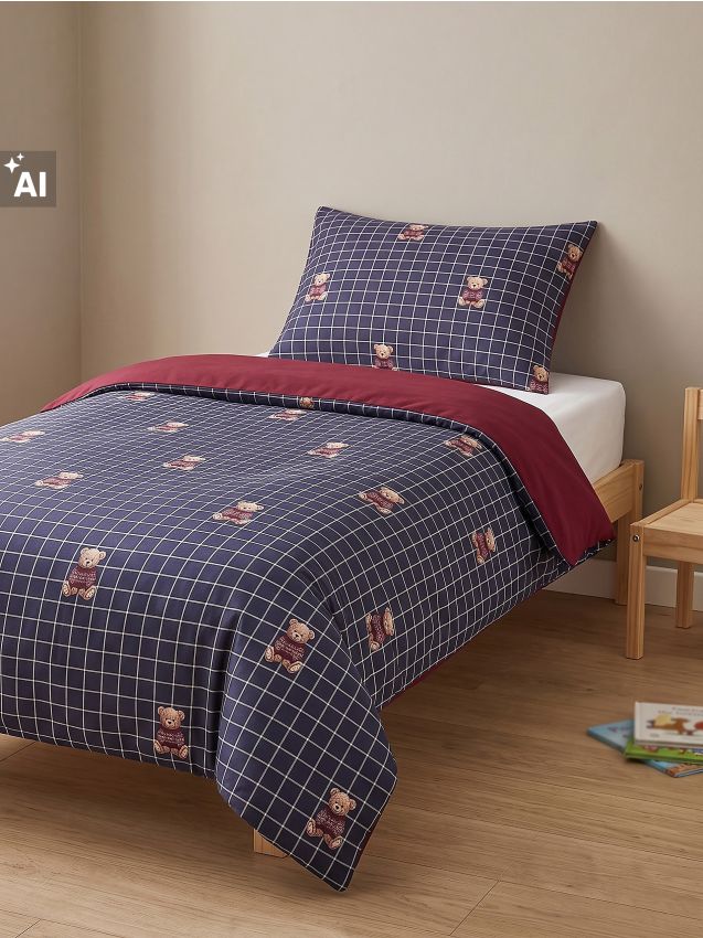 Sinsay - Set de lenjerie de pat reversibilă de Crăciun cu carouri și ursuleți - bleumarin