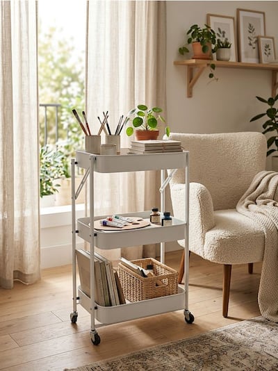 Tříúrovňová kovová police na kolečkách