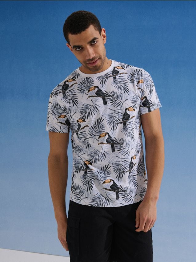 Sinsay - Tricou din bumbac cu imprimeu păsări - alb