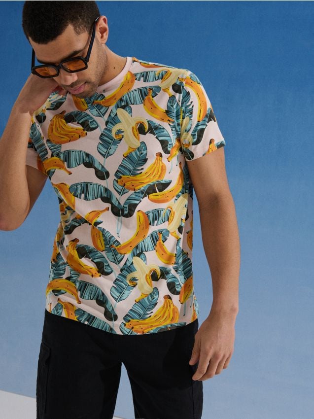 Sinsay - Tricou din bumbac cu imprimeu cu banane - roz-pastel