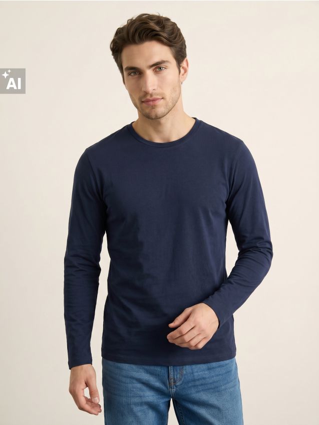 Sinsay - Tricou din bumbac, cu mânecă lungă - bleumarin