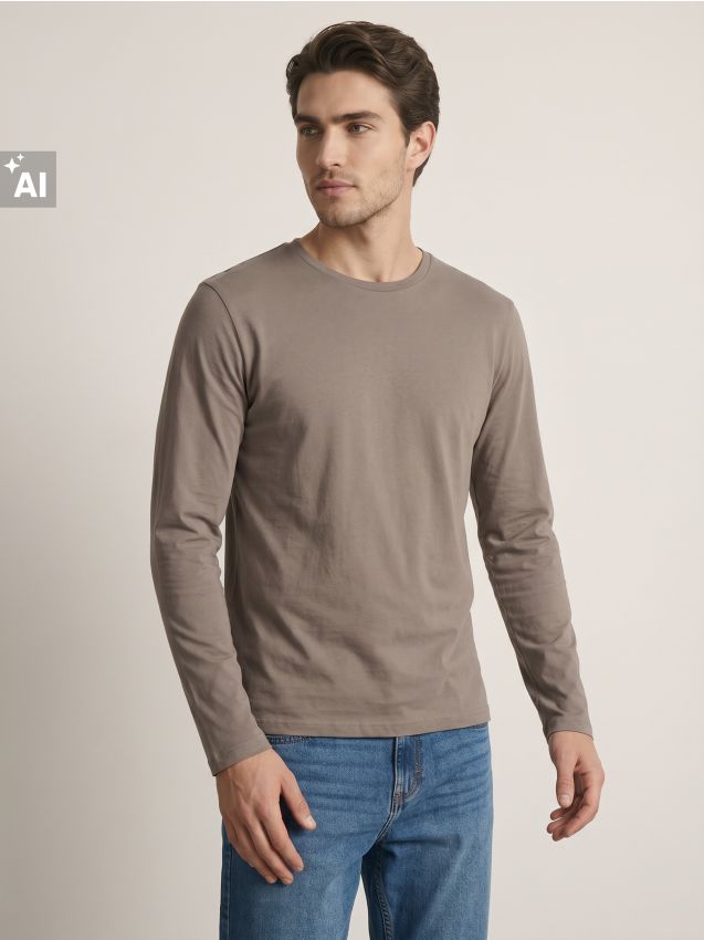 Sinsay - Tricou din bumbac, cu mânecă lungă - bej