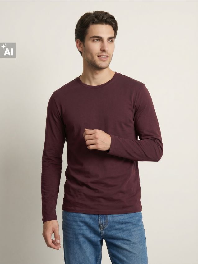 Sinsay - Tricou din bumbac, cu mânecă lungă - bordo