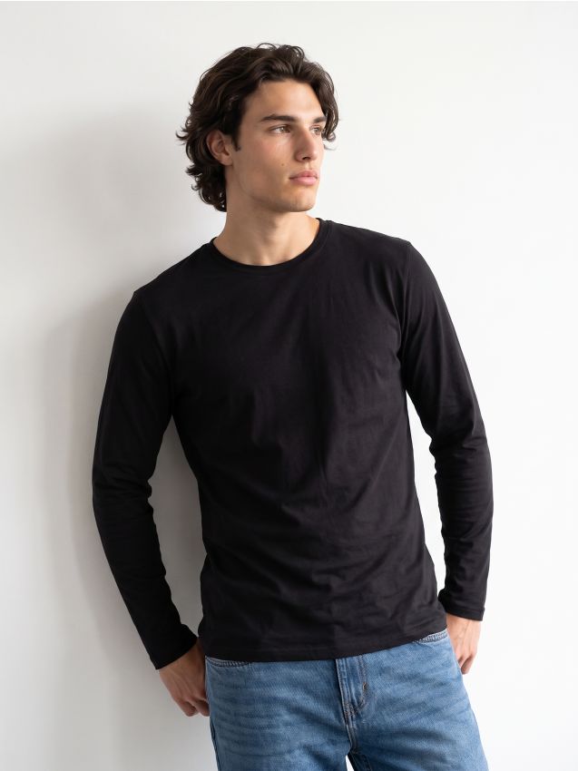 Sinsay - Tricou din bumbac, cu mânecă lungă - negru