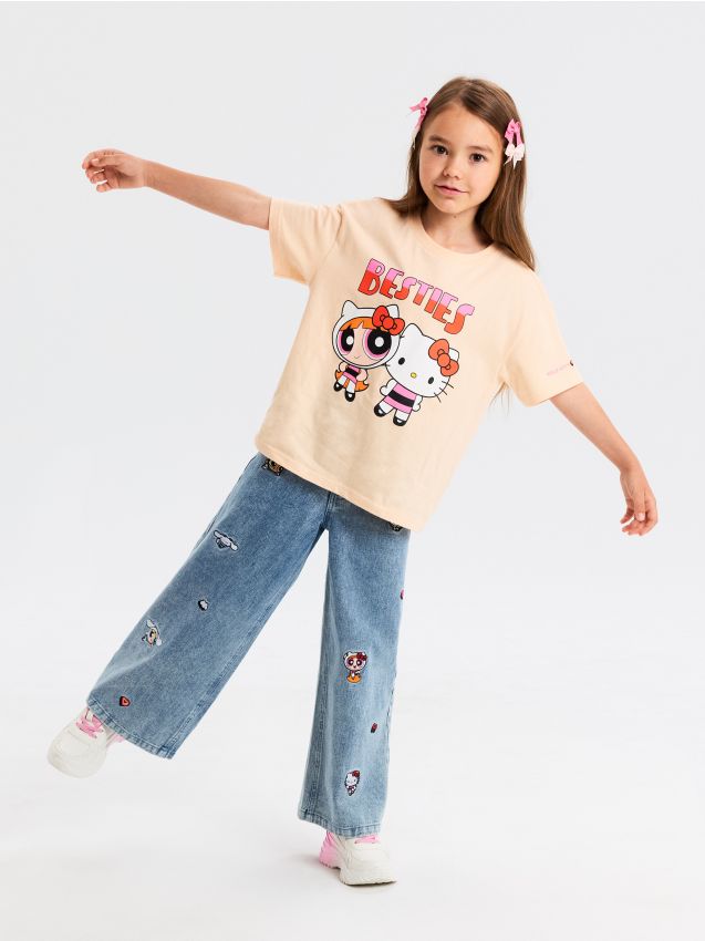 Sinsay - Blugi wide leg cu broderie Hello Kitty and Friends x Powerpuff Girls - albastru