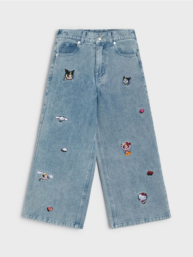 Sinsay - Blugi wide leg cu broderie Hello Kitty and Friends x Powerpuff Girls - albastru