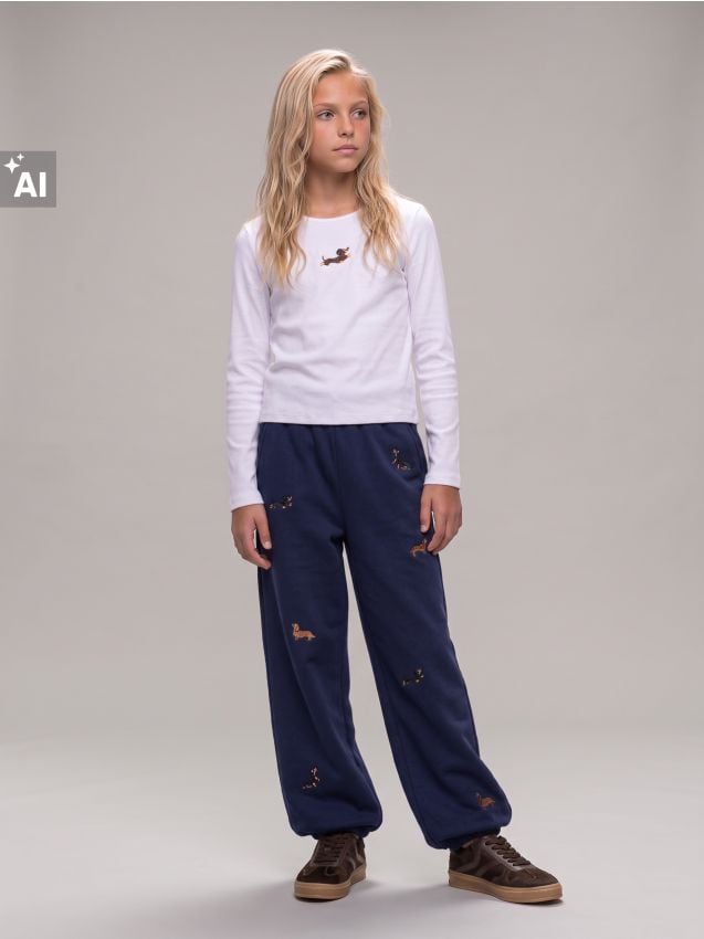 Sinsay - Pantaloni de trening cu bumbac și cățeluși brodați - bleumarin