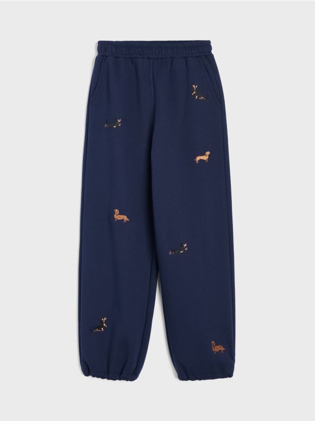 Sinsay - Pantaloni de trening cu bumbac și cățeluși brodați - bleumarin