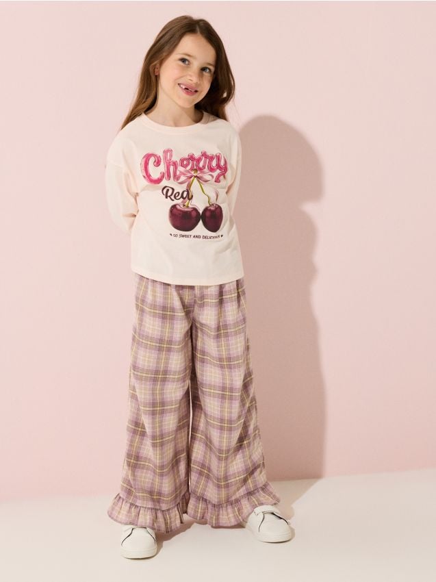 Sinsay - Pantaloni wide leg în carouri cu volane decorative - multicolor