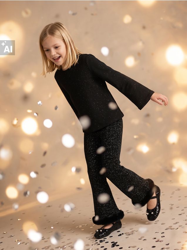 Sinsay - Pantaloni flare din velur cu fir metalizat și blană artificială - negru