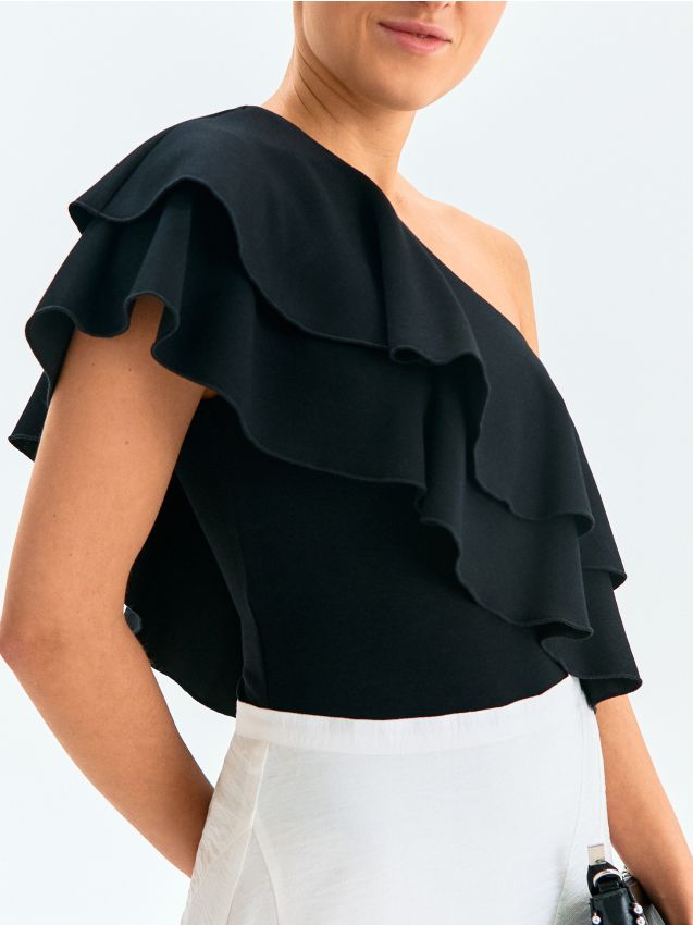 Sinsay - Body na jedno ramię z falbanami i domieszką wiskozy - czarny