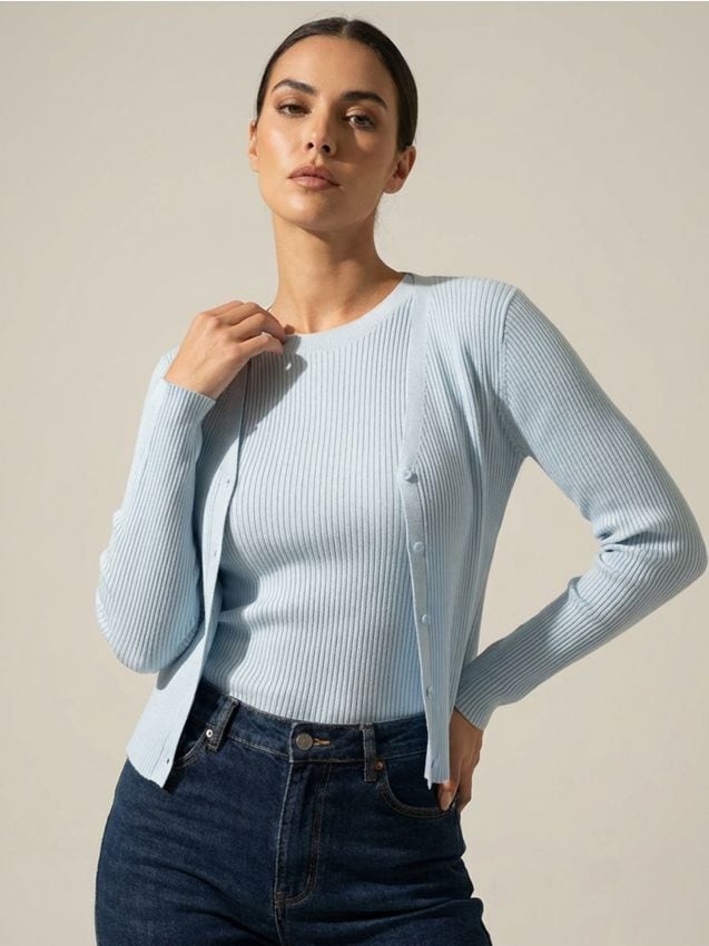 Sinsay - Prążkowany kardigan zapinany na guziki - niebieski