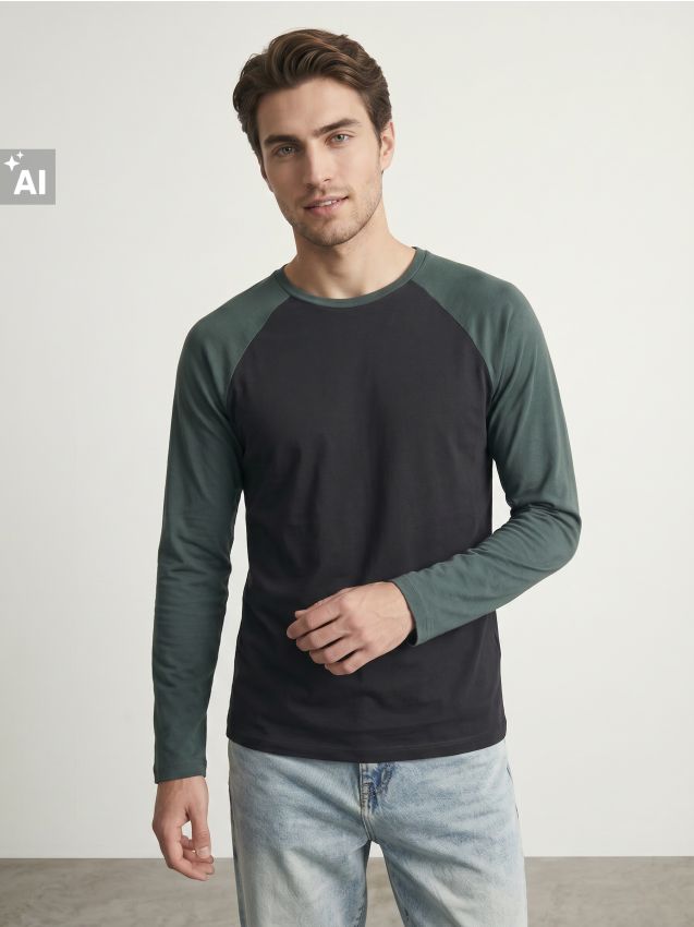 Sinsay - Tricou din bumbac cu mâneci lungi raglan - albastru metalizat